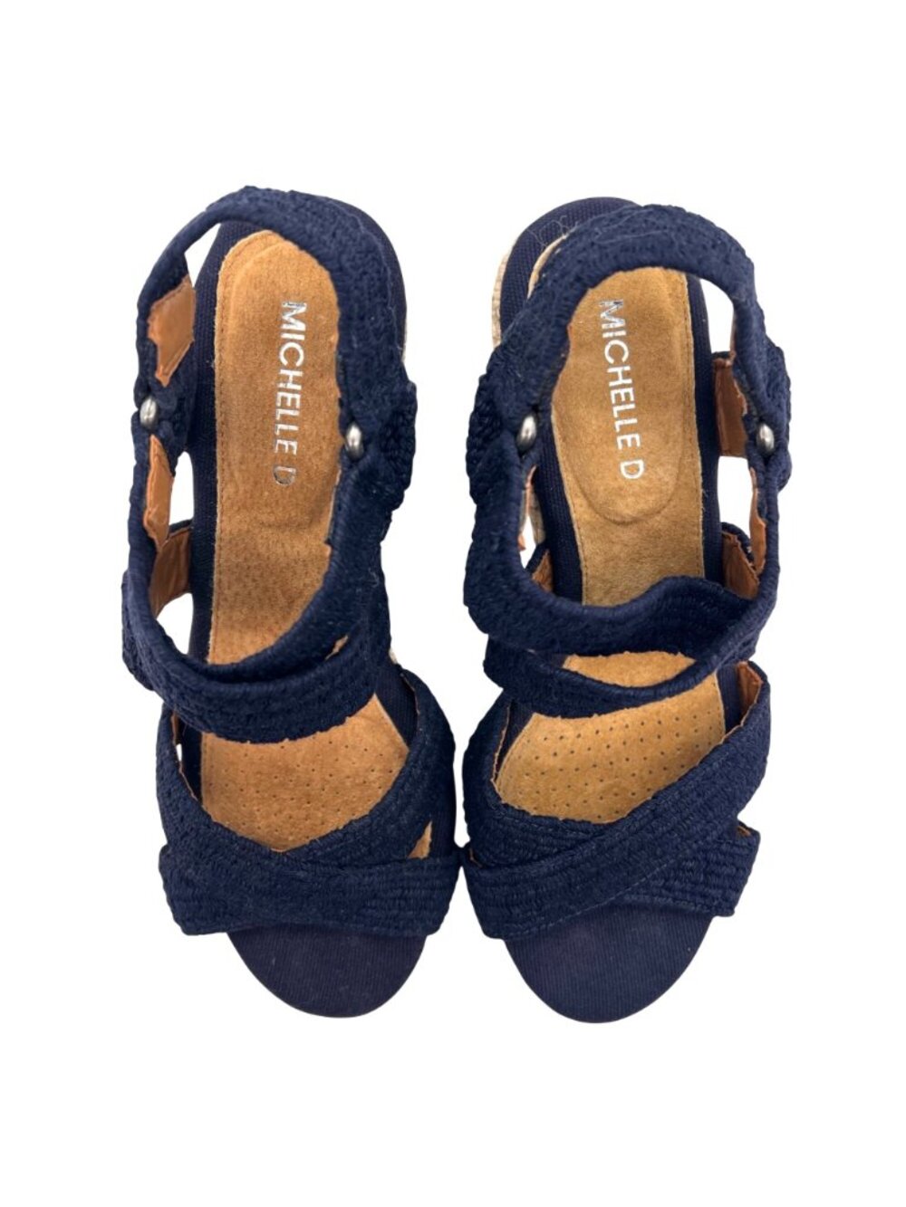 Michelle D Navy Wedge Sandals 8.5M Braided Fabric Straps & Jute Espadrille Heel - Picture 5 of 13